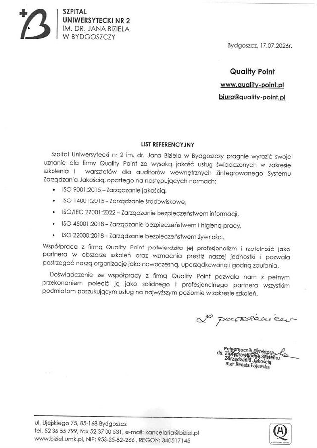 List referencyjny Szpitala Uniwersyteckiego nr 2 im.&nbsp;dr.&nbsp;Jana Biziela w Bydgoszczy