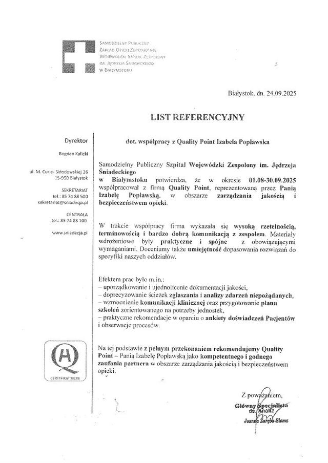 List referencyjny Samodzielnego Publicznego Szpitala Wojewódzkiego Zespolonego im. Jędrzeja Śniadeckiego w Białymstoku